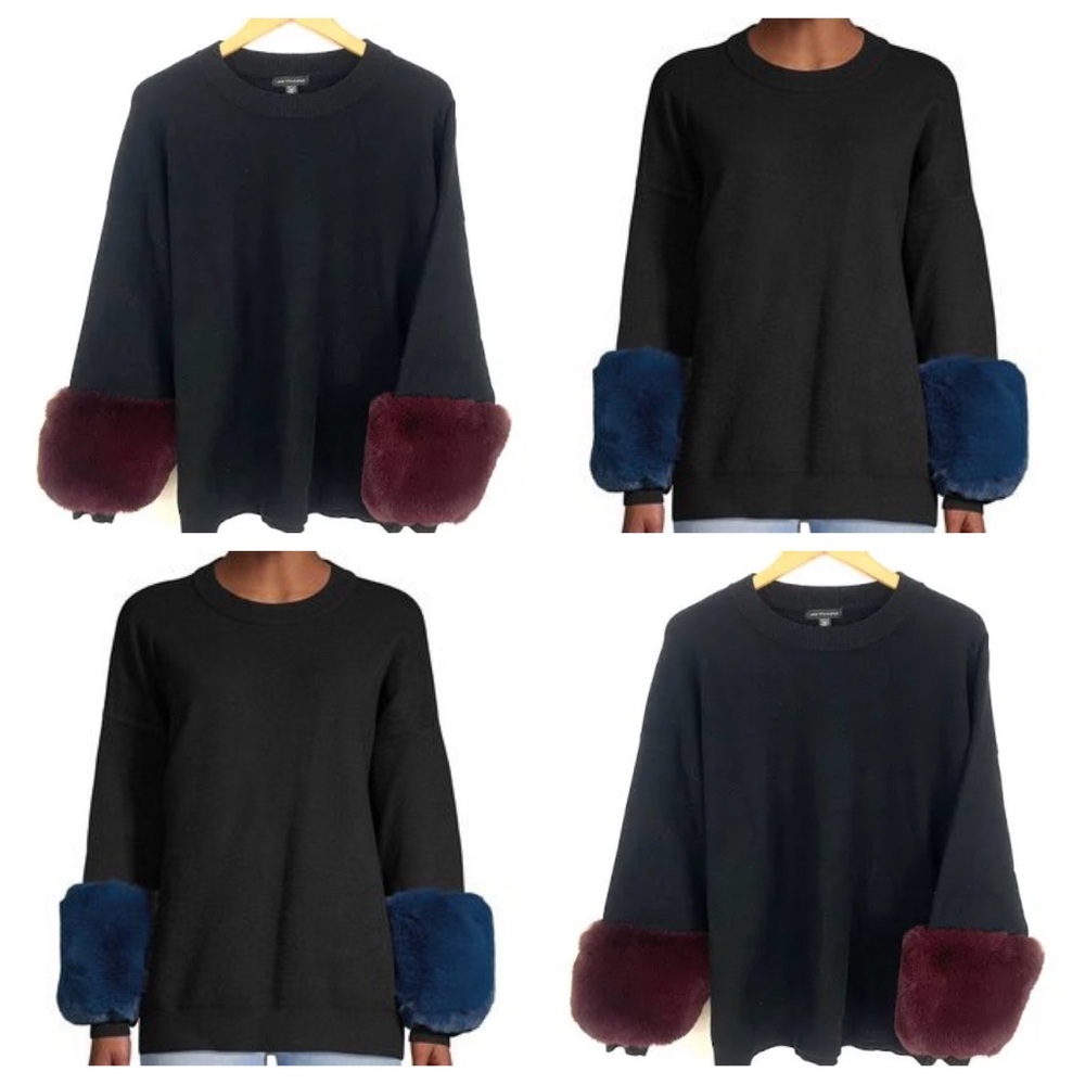 *ISO* SAKS FIFTH AVENUE FUR CUFF TRIM CREWNECK SWEATER